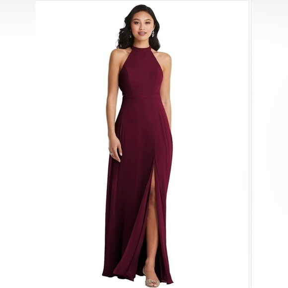 Dessy Collection Stand Collar Halter Maxi Dress With Criss Cross Open-Back Red - Picture 8 of 9